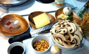 mise en place ingredients mushroom pizza